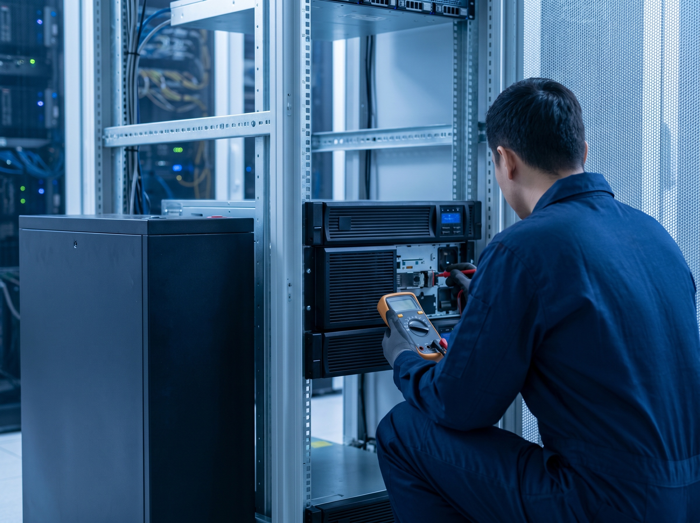 UPS maintenance technician servicing a rack-mount UPS, Gepcom Technologies